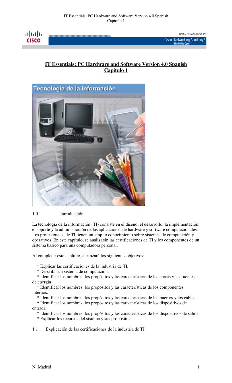 Imágen de pdf Capitulo 1 PC Hardware and Software Version 4.0 Spanish